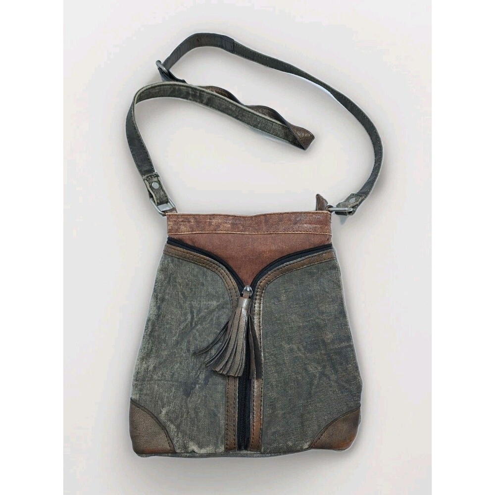 Mona B Cross City Crossbody Canvas Bag Distressed Y Zipper Credit Card Leather
